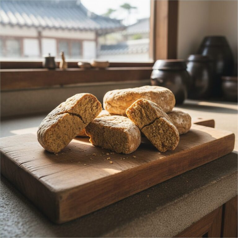 나무 도마 위에 놓인 전통 방식으로 만든 갈라진 메주