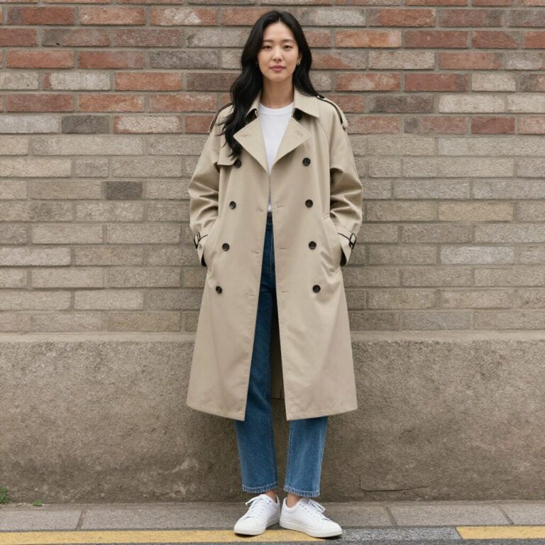 베이지색 트렌치코트를 걸치고 청바지와 흰색 운동화를 코디한 여성