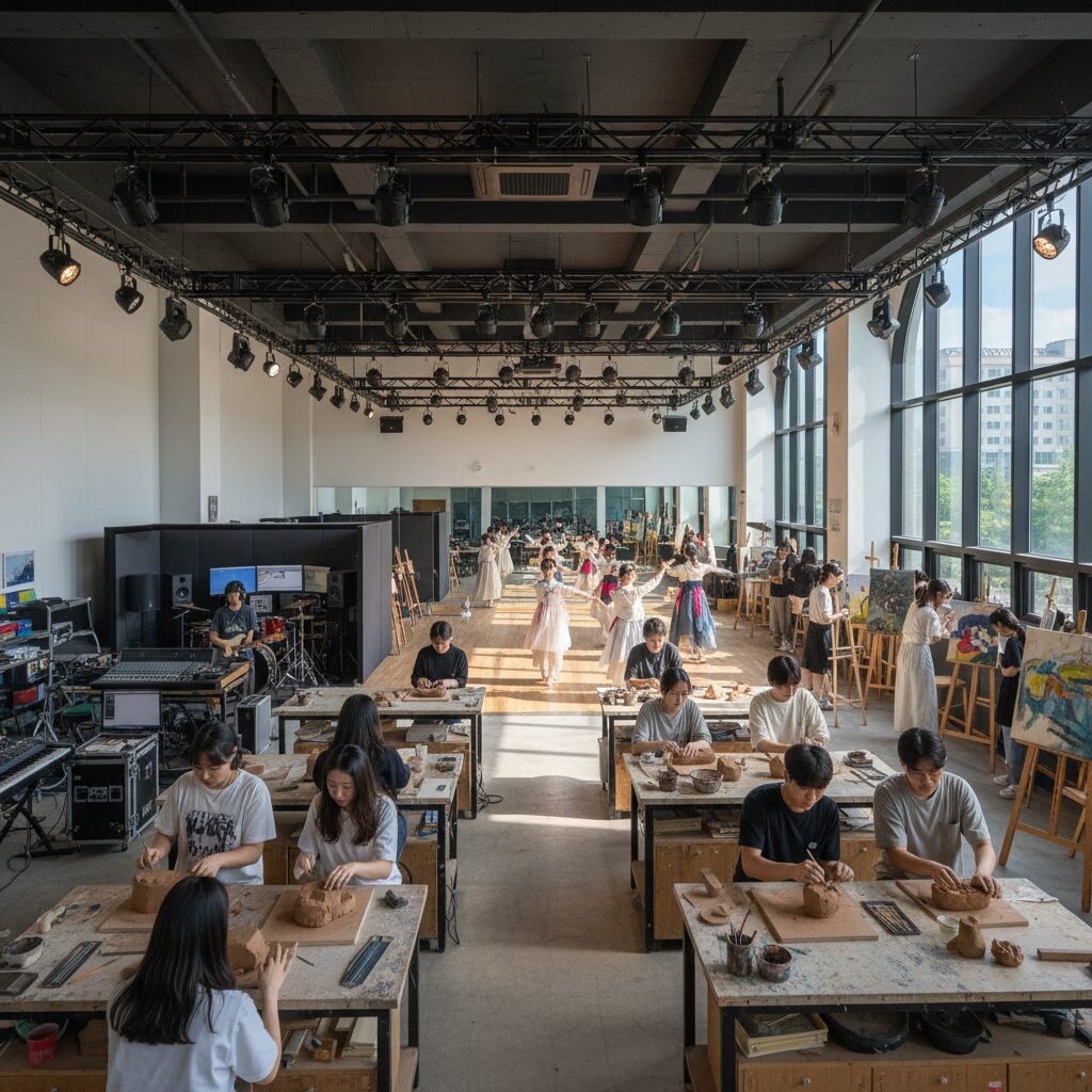 문화 예술 실습이 가능한 대규모 전문학교 캠퍼스 내부 실습실 전경