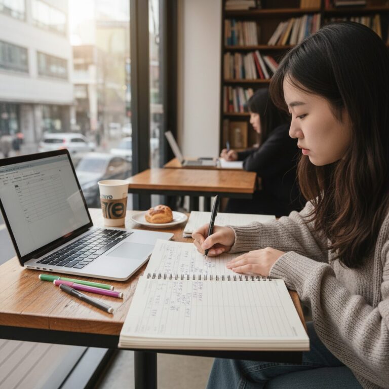 노트북과 다이어리 옆에서 시간표를 작성하고 있는 대학생