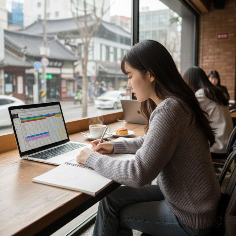 대학생이 노트북으로 시간표를 확인하고 필기를 하는 모습