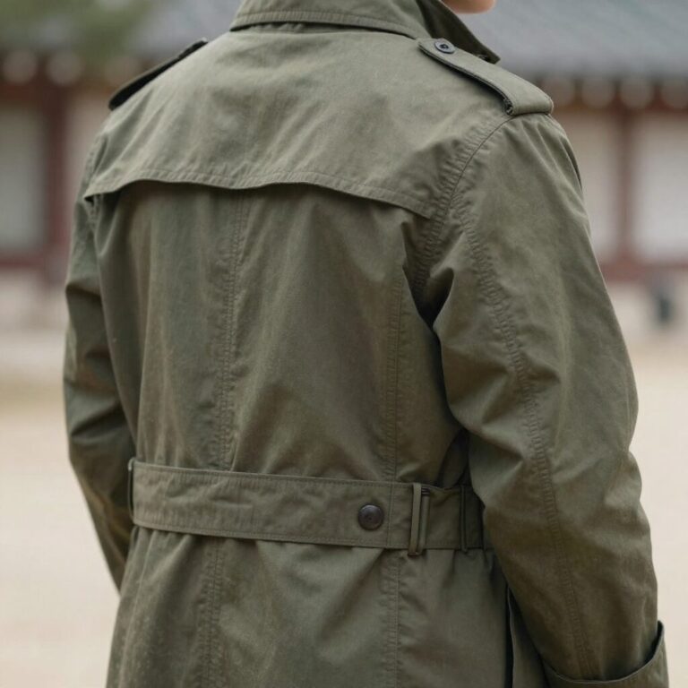 빈티지 군용 트렌치코트의 뒷트임과 지퍼 결합 다리 덮개 디테일