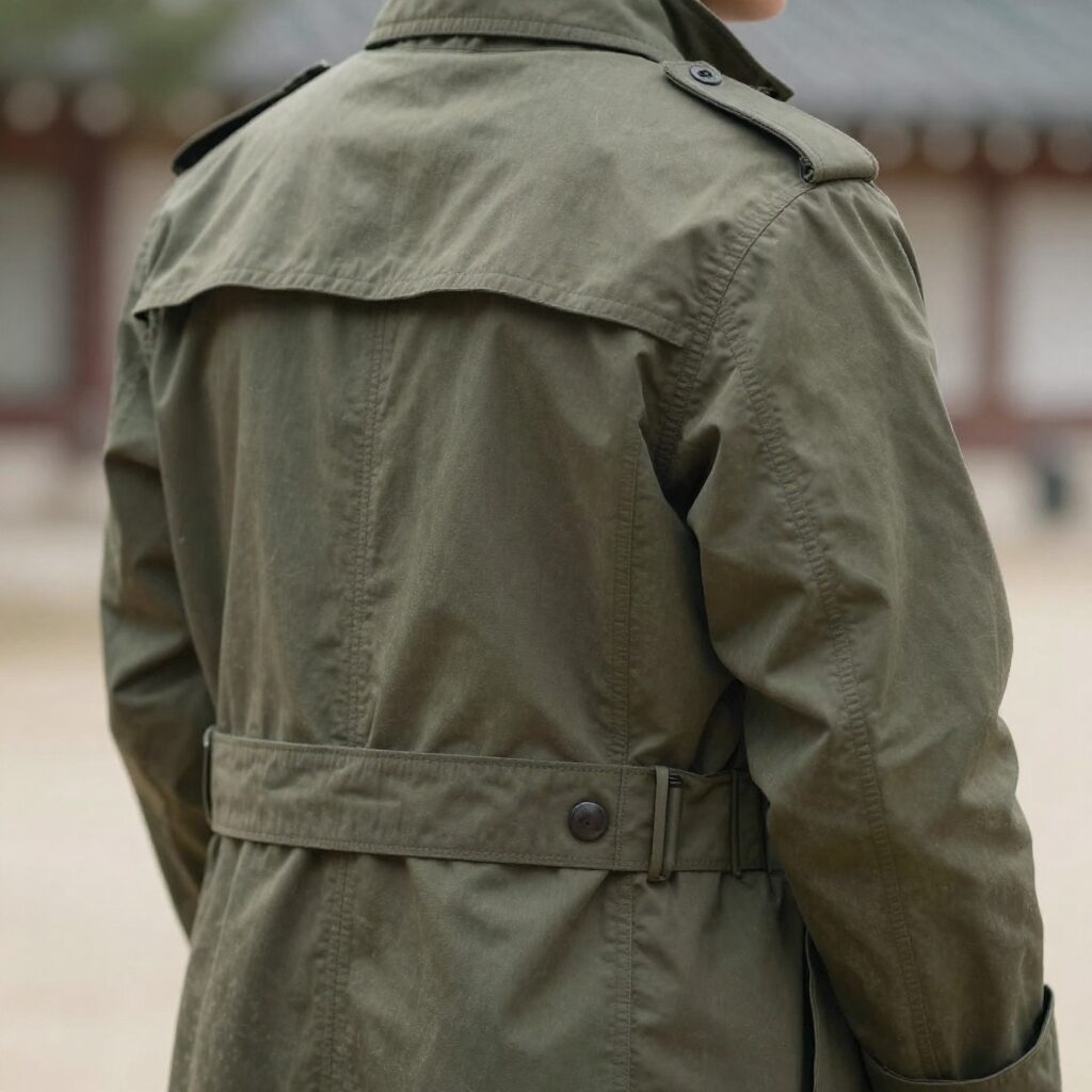 빈티지 군용 트렌치코트의 뒷트임과 지퍼 결합 다리 덮개 디테일