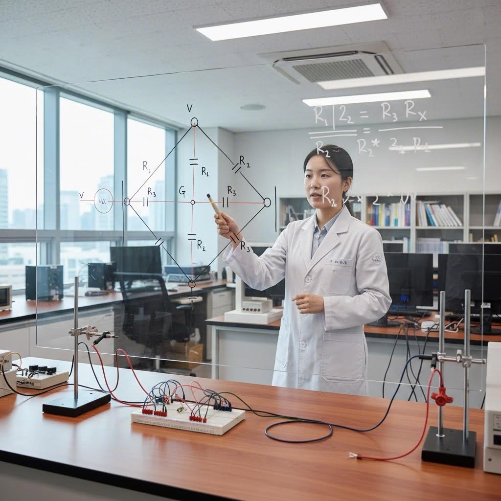 휘트스톤 브릿지 실험 장치 구성도와 평형 조건 공식