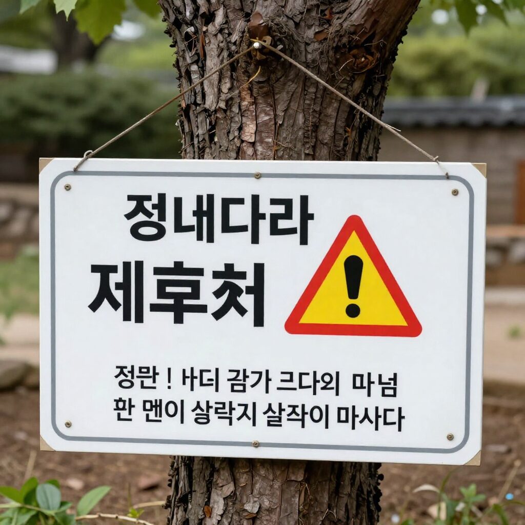 정원 나무 근처에 제초제 살포하지 말라는 경고 안내판