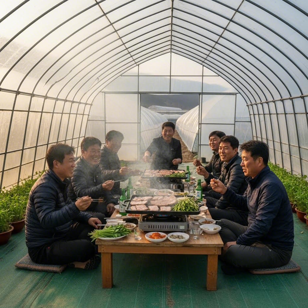 양산 원동 미나리 축제 비닐하우스 내부에서 삼겹살과 미나리를 구워 먹는 모습