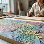 파스텔 색상이 칠해진 나무판 위에 검은색 젠탱글 패턴이 그려진 모습