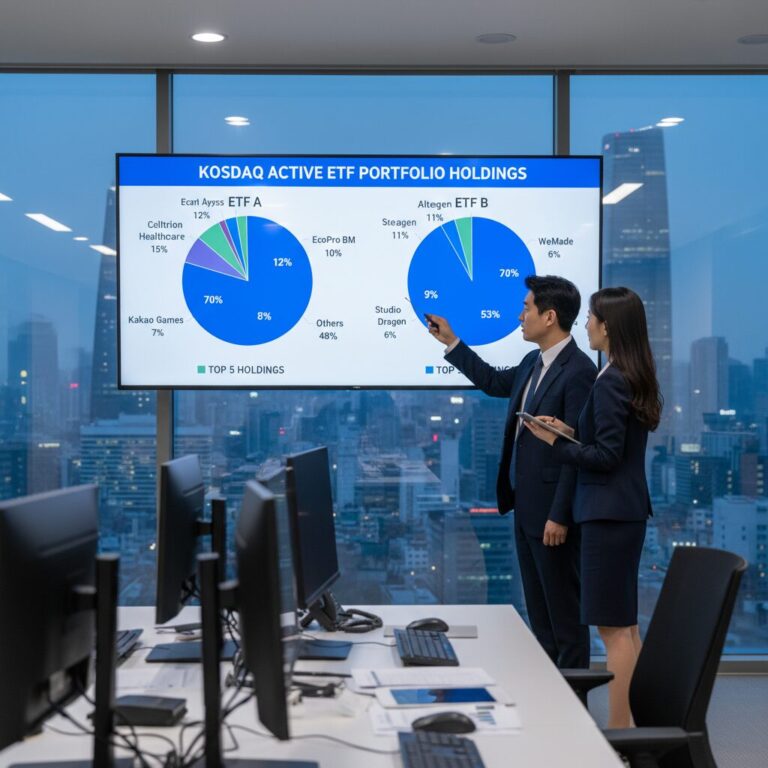코스닥 액티브 ETF 두 상품의 주요 편입 종목과 비중을 보여주는 차트 이미지