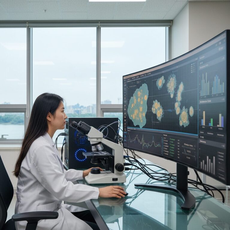 AI를 활용한 무염색 현미경으로 살아있는 세포를 실시간으로 분석하는 개념도