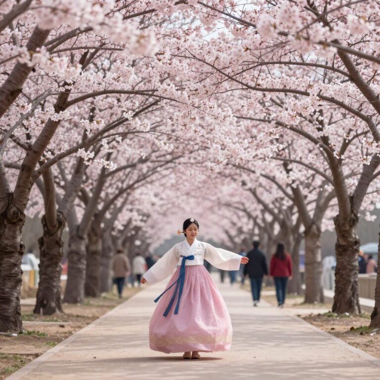 안동 탈춤공원 벚꽃길에 핀 분홍색 벚꽃 터널 풍경