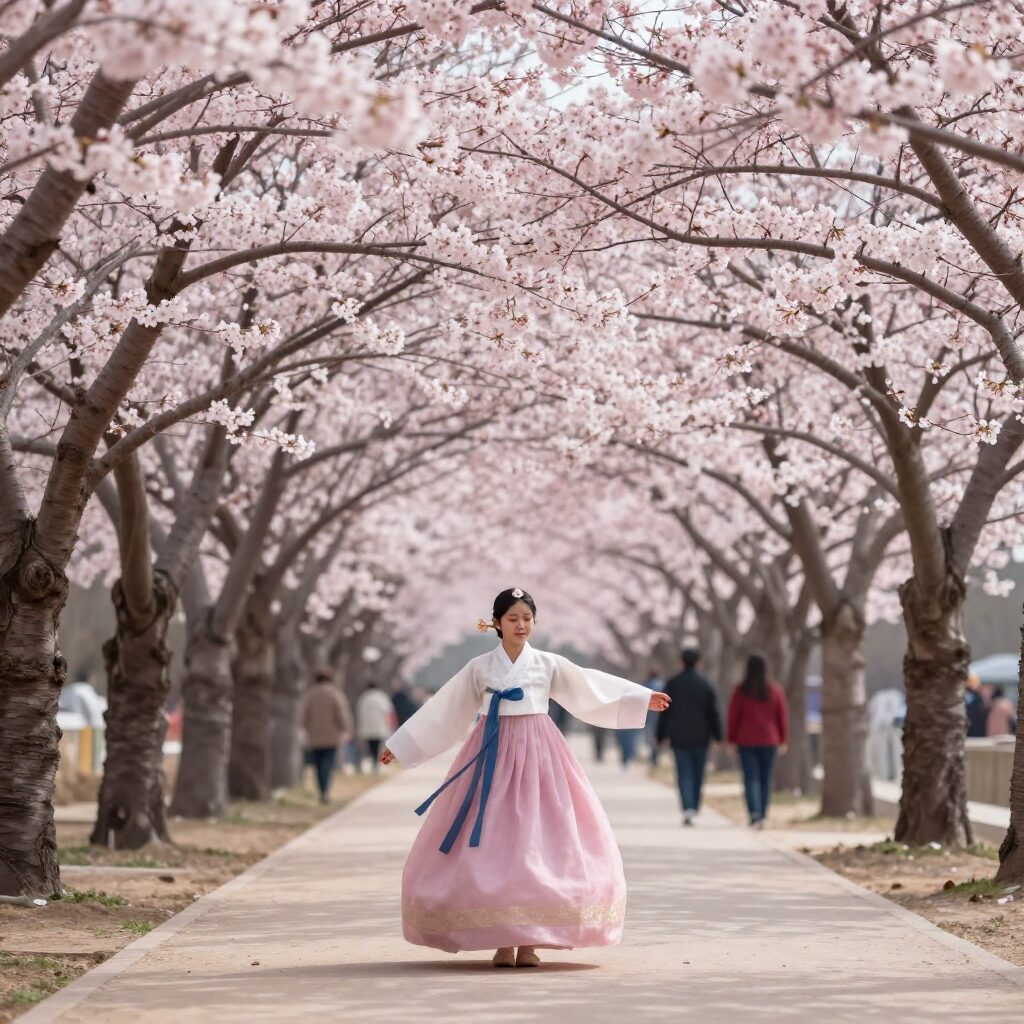 안동 탈춤공원 벚꽃길에 핀 분홍색 벚꽃 터널 풍경