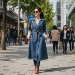 A.P.C. 데님 원피스를 트렌치코트 스타일로 걸쳐 입은 모습