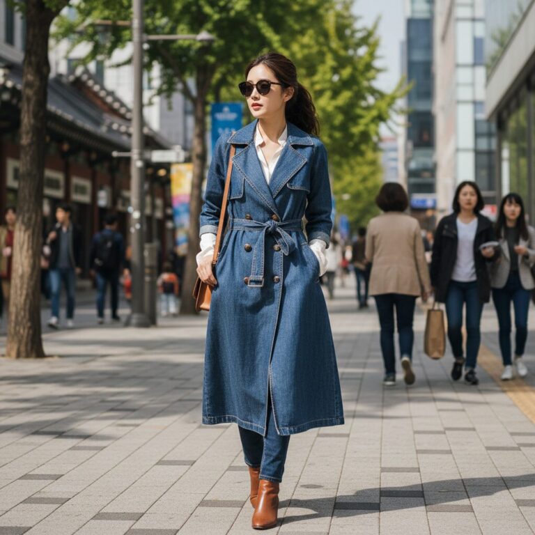 A.P.C. 데님 원피스를 트렌치코트 스타일로 걸쳐 입은 모습