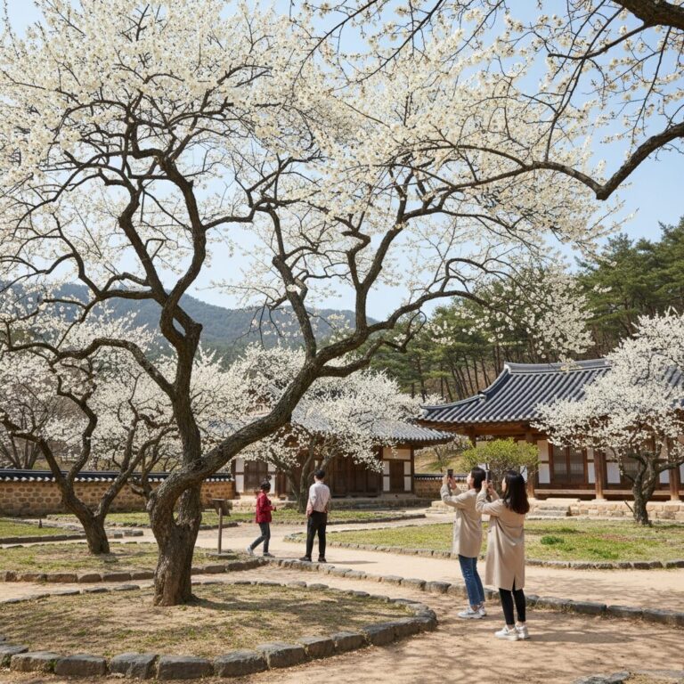 성주 회연서원 백매원의 흰매화가 피어있는 봄날 풍경