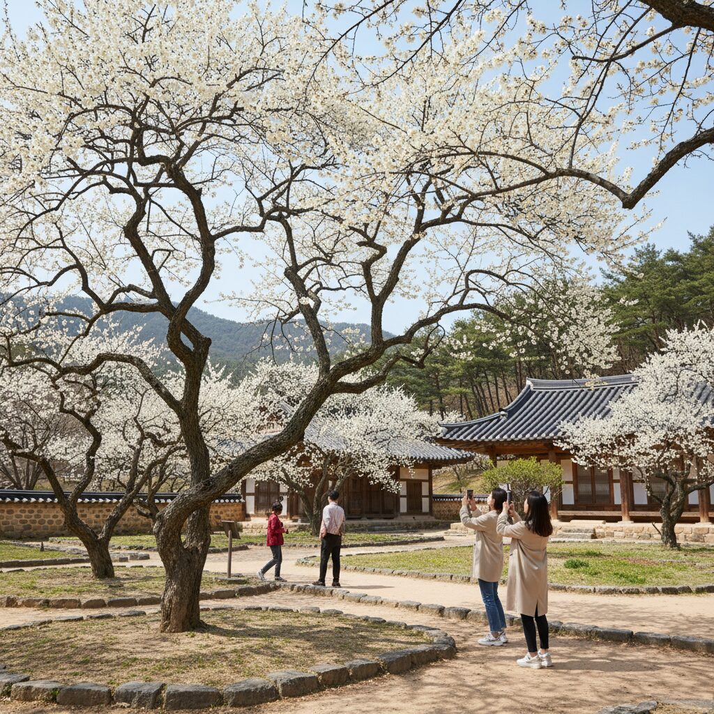 성주 회연서원 백매원의 흰매화가 피어있는 봄날 풍경