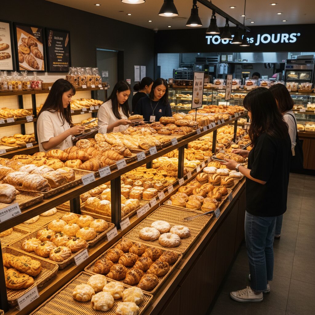 빵이 많이 진열된 뚜레쥬르 매장 진열대 사진