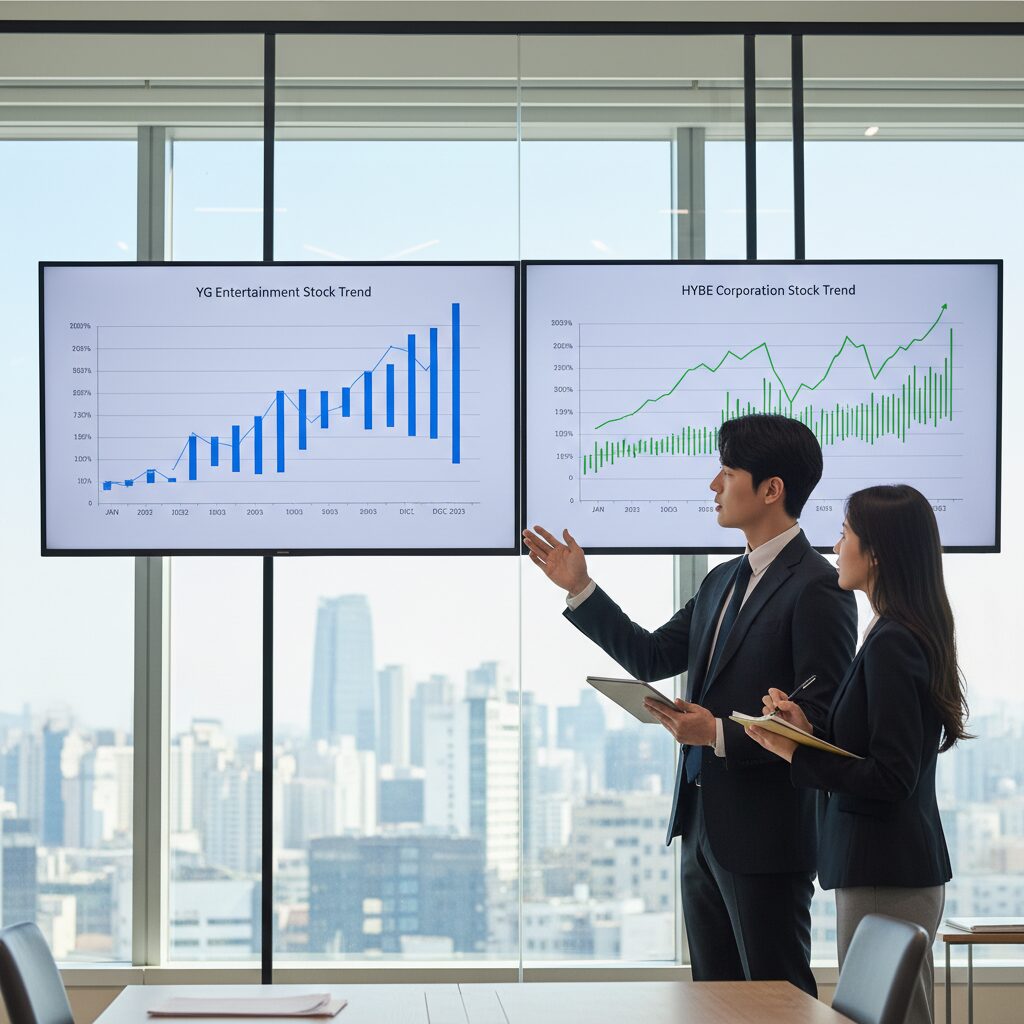 빅뱅 소속사 YG엔터테인먼트와 하이브 주가 추이 차트