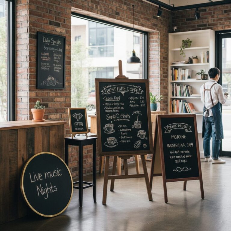 다양한 블랙보드 종류가 놓인 인테리어 공간