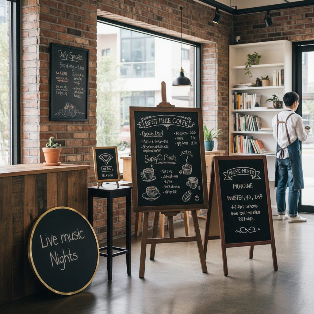 다양한 블랙보드 종류가 놓인 인테리어 공간