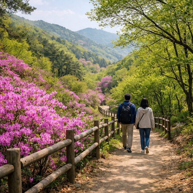 보곡산골 봄 풍경 진달래와 신록이 어우러진 산책로