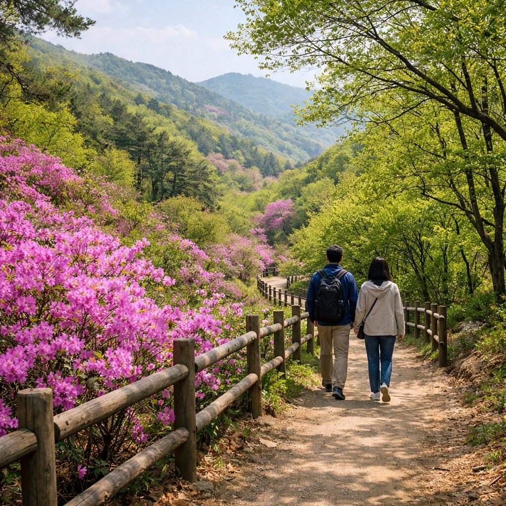 보곡산골 봄 풍경 진달래와 신록이 어우러진 산책로