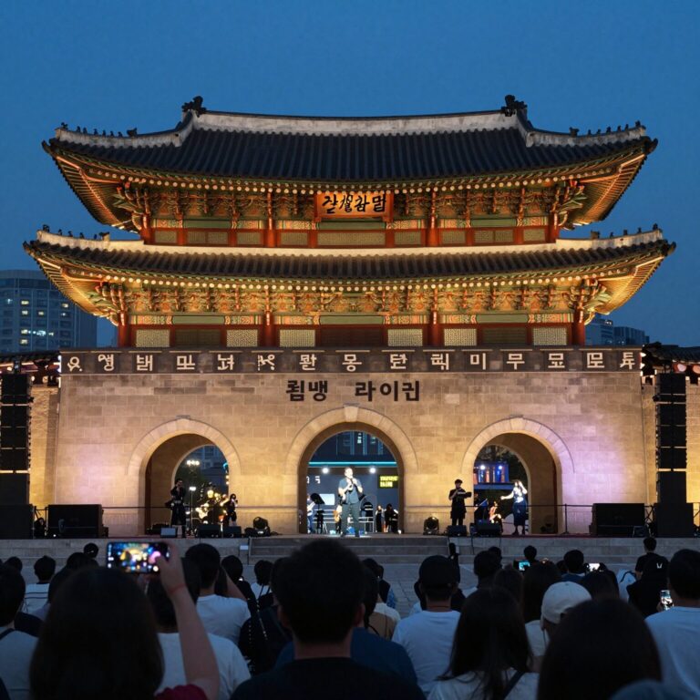 서울 광화문 광장에 세워진 BTS 컴백 라이브 무대 야경