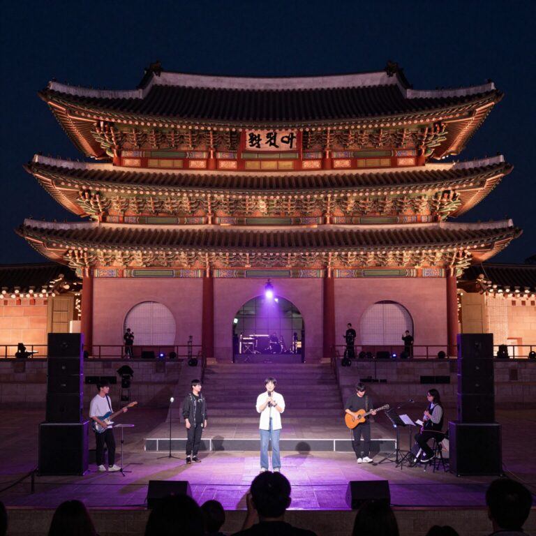 저녁 보랏빛 조명을 받은 광화문 BTS 컴백 라이브 무대 전경