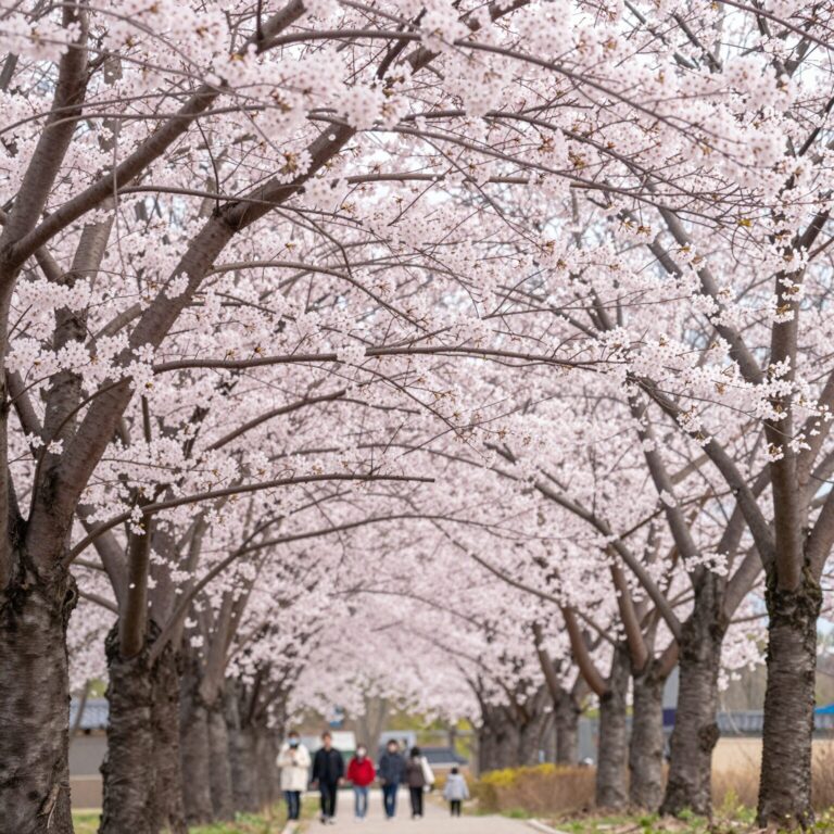 봄날 불국사 공원의 만개한 분홍색 겹벚꽃 나무들