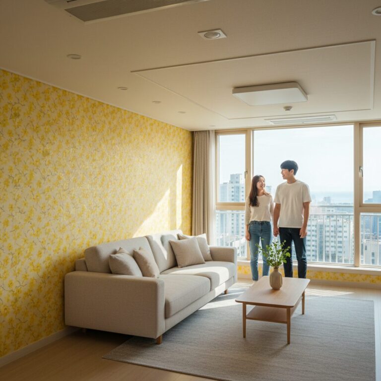 부산 아파트 거실 개나리벽지 시공 후 깨끗하고 밝아진 모습