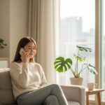 여자가 편안한 표정으로 짧은 전화 통화 연습을 하는 모습