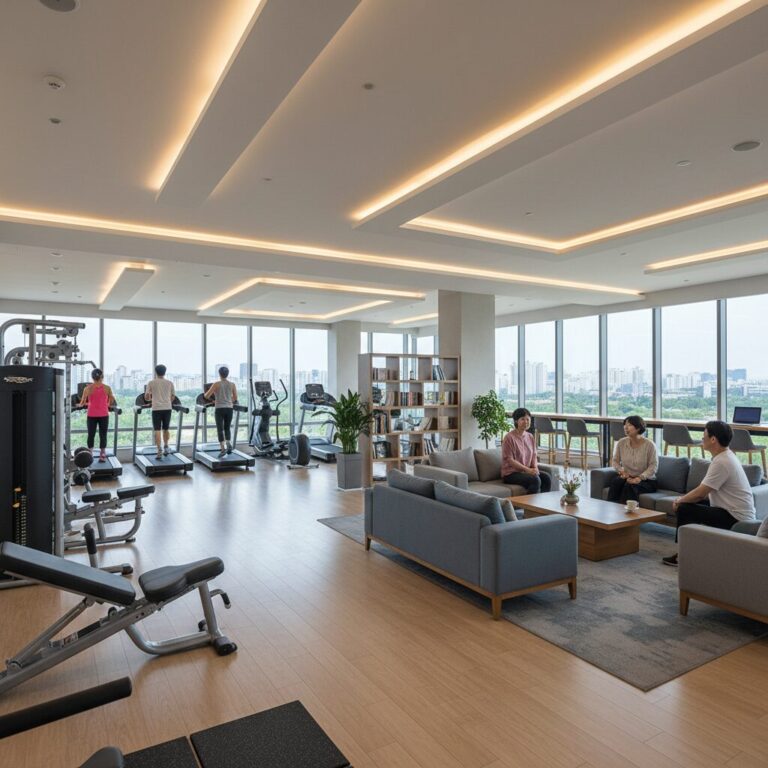 천안 아이파크시티 단지 내 피트니스센터와 라운지 공용 공간 모습