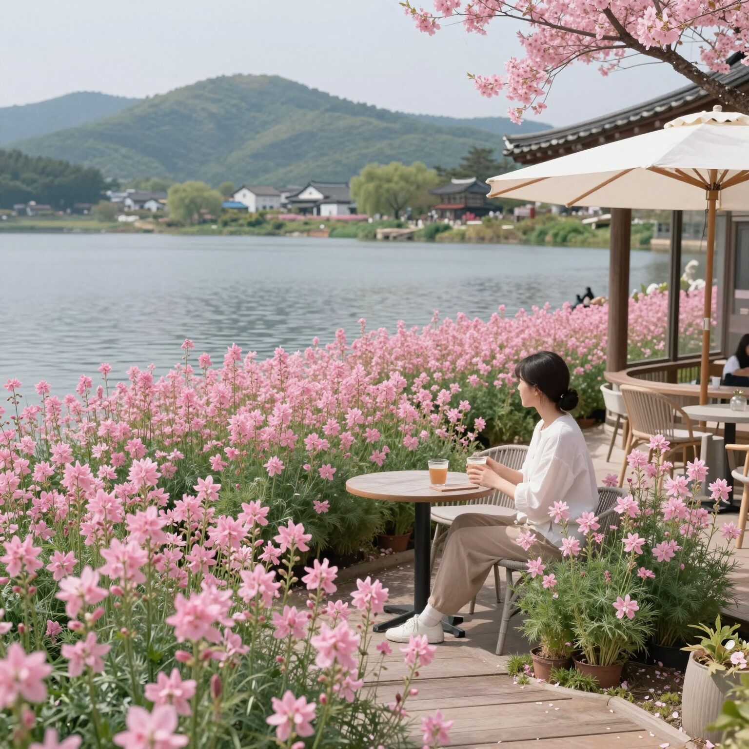 청도 소우모우 카페 테라스에서 바라본 분홍빛 복사꽃 군락과 저수지 풍경