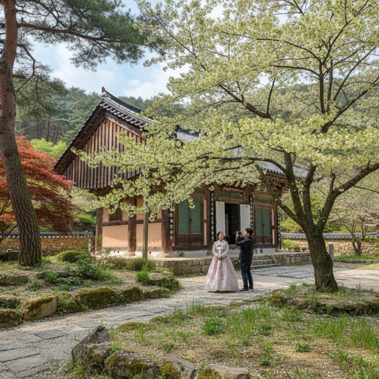 서산 개심사 명부전 앞에 핀 청벚꽃 나무