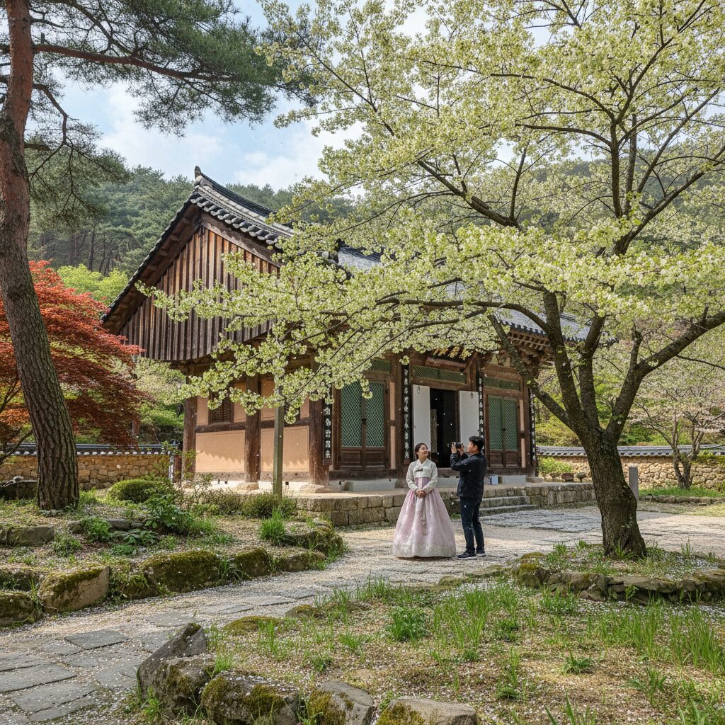 서산 개심사 명부전 앞에 핀 청벚꽃 나무