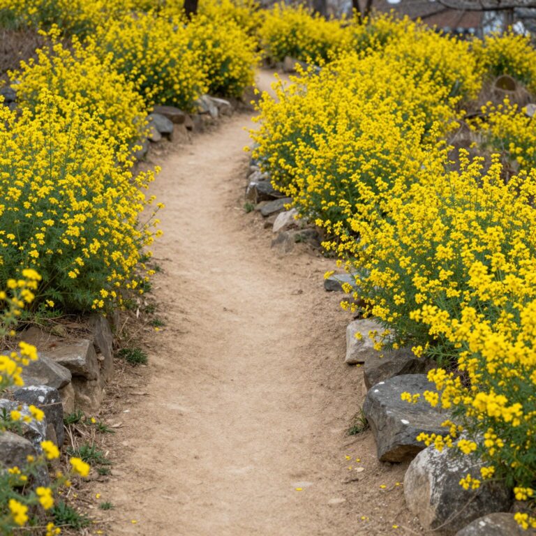 청산도 서편제길의 봄 풍경, 노란 유채꽃이 황톳길과 돌담길을 따라 펼쳐져 있음