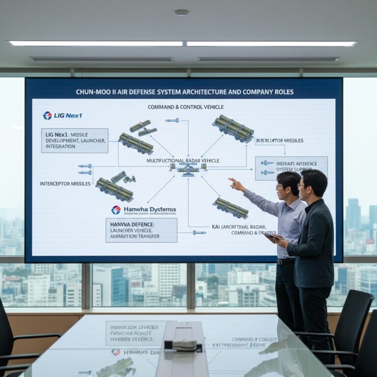천궁2 방공 시스템 구성도와 각 기업의 담당 역할을 보여주는 다이어그램