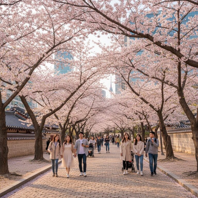 벚꽃이 만개한 길을 걷는 사람들