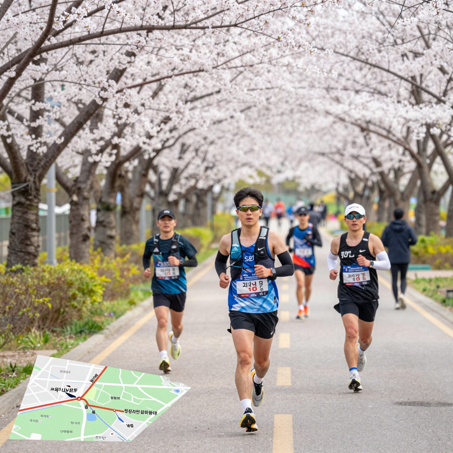 경주 벚꽃 마라톤 코스 지도와 벚꽃길 러너 사진