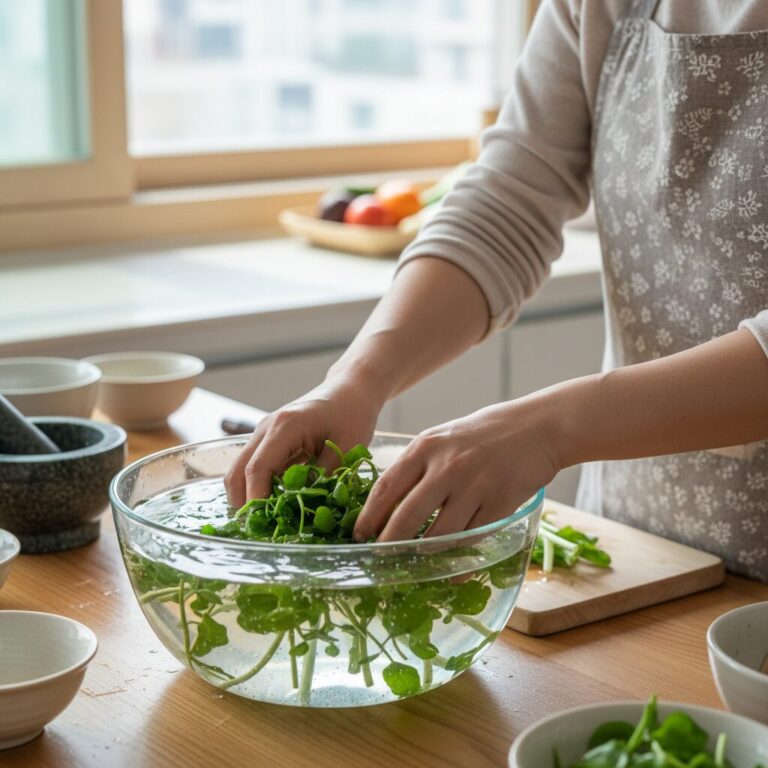물에 잠긴 냉이를 손으로 살살 흔들며 세척하는 모습