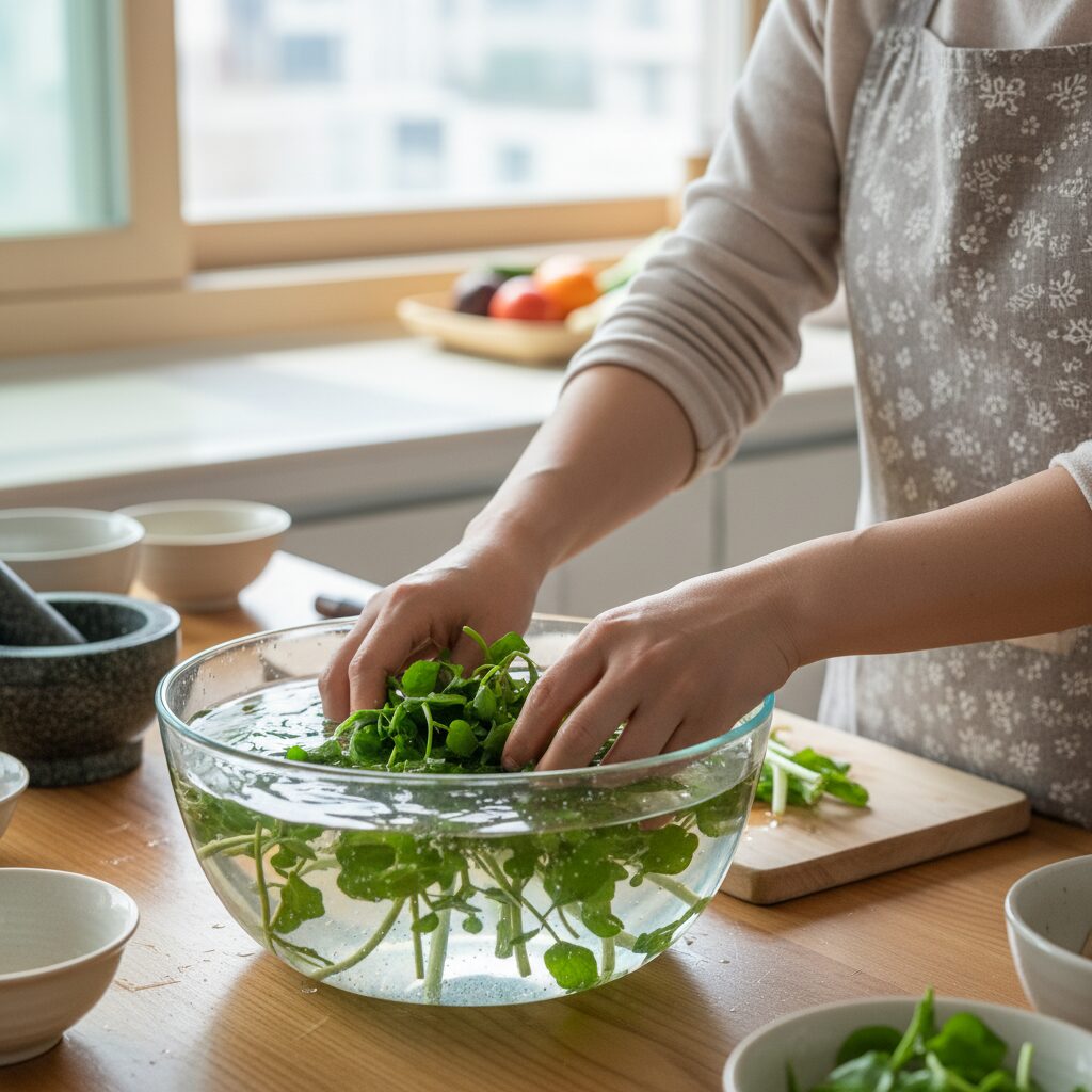물에 잠긴 냉이를 손으로 살살 흔들며 세척하는 모습