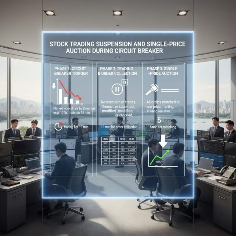 서킷 브레이커 발동 시 주식 거래 중단과 단일가 매매 과정을 설명하는 다이어그램