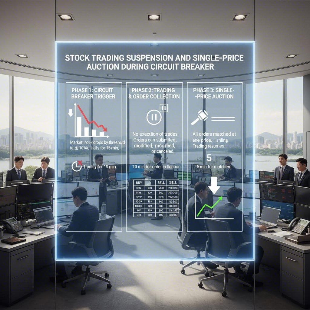 서킷 브레이커 발동 시 주식 거래 중단과 단일가 매매 과정을 설명하는 다이어그램