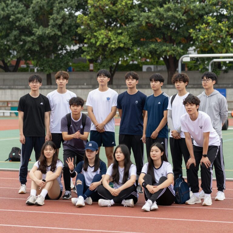 다양한 스타일의 체육대회 반티를 입고 단체 사진을 찍는 학생들