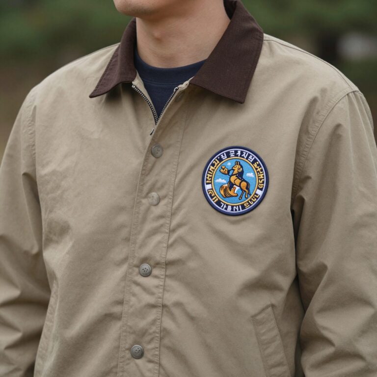 준지 코치자켓의 자수 로고와 등판 아트워크 디테일