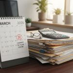 2026년 3월 달력에 법인세 신고 마감일이 표시되어 있고 옆에 서류 더미와 계산기가 놓여있음