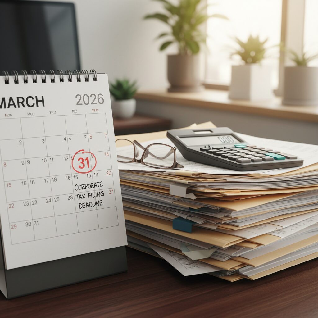 2026년 3월 달력에 법인세 신고 마감일이 표시되어 있고 옆에 서류 더미와 계산기가 놓여있음