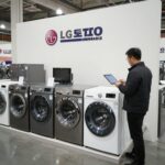 코스트코 매장 내 LG 오브제 가전 할인 전시장면, 세탁기 건조기 냉장고가 진열되어 있음