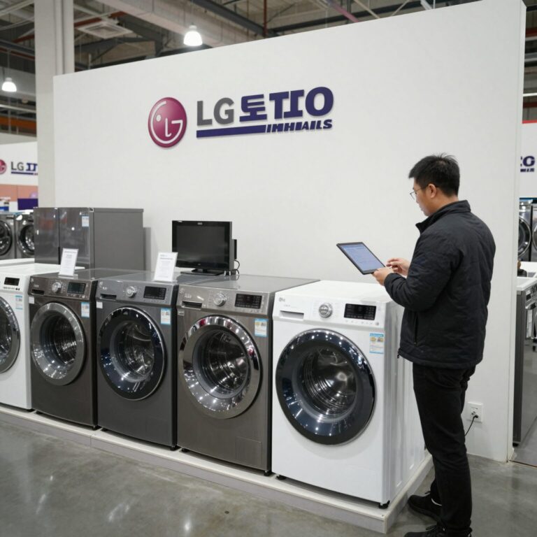 코스트코 매장 내 LG 오브제 가전 할인 전시장면, 세탁기 건조기 냉장고가 진열되어 있음