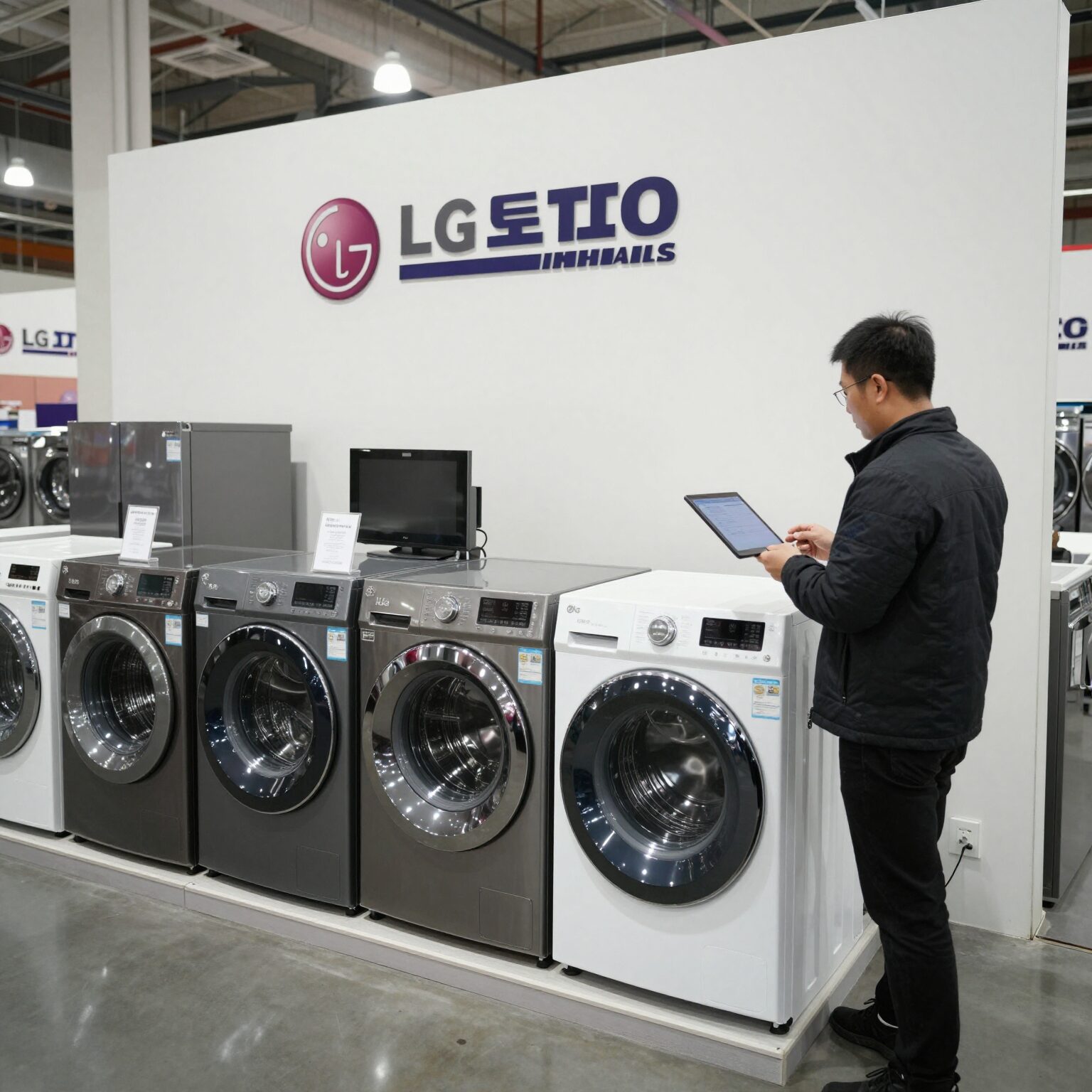 코스트코 매장 내 LG 오브제 가전 할인 전시장면, 세탁기 건조기 냉장고가 진열되어 있음