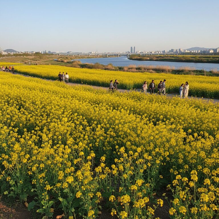 대저생태공원의 넓게 펼쳐진 노란 유채꽃밭과 낙동강 풍경